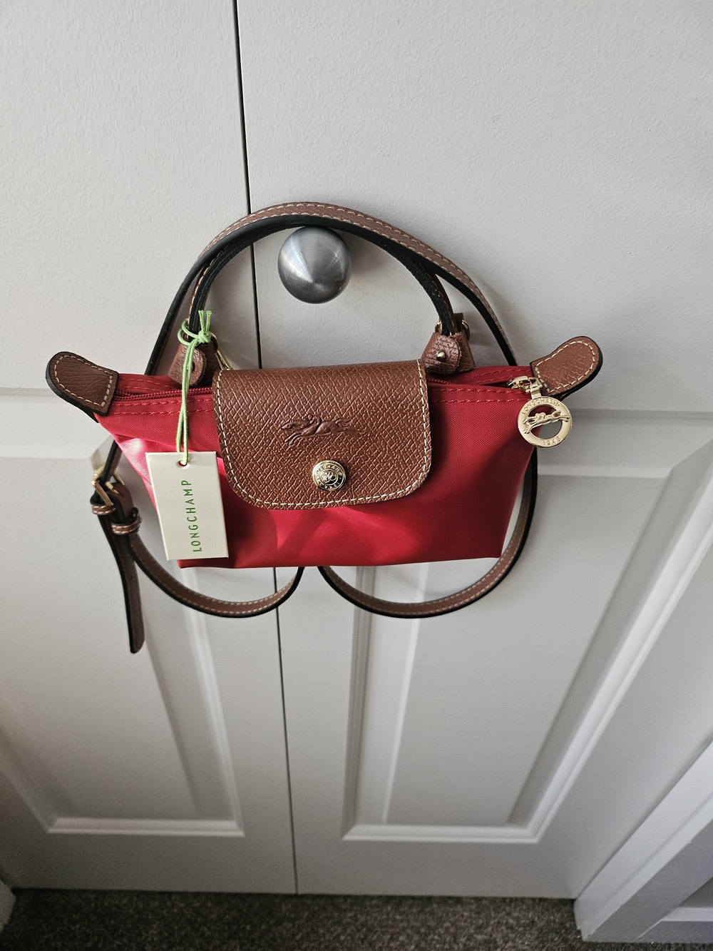 Longchamp Red Nylon Crossbody with Brown Leather Trim